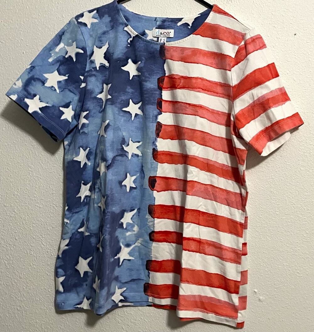 d&co. denim + company Men’s L Stars & Stripes Flag Crew Neck Knit Tee